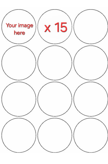 15 Small Circles edible print template with 'Your Image Here' text, indicating customizable wafer or icing sheet for cakes and desserts.