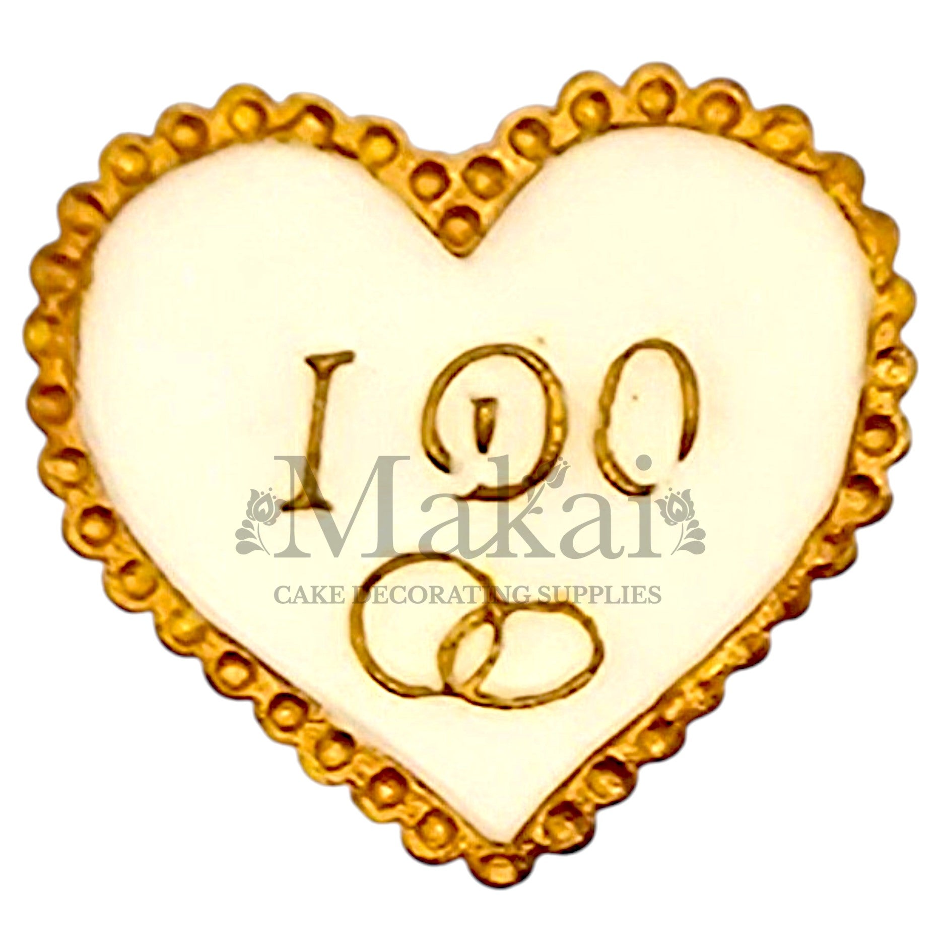 Edible wedding heart cake topper with ‘I Do’ and gold rings – perfect for romantic celebration cakes.