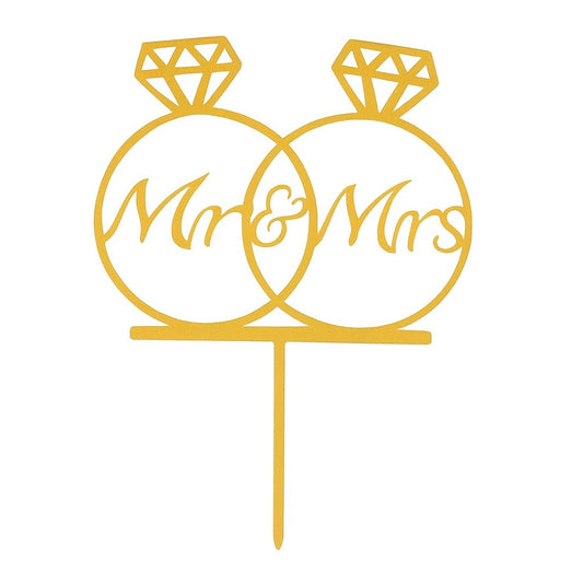 Gold acrylic "Mr & Mrs" wedding rings cake topper with diamond design