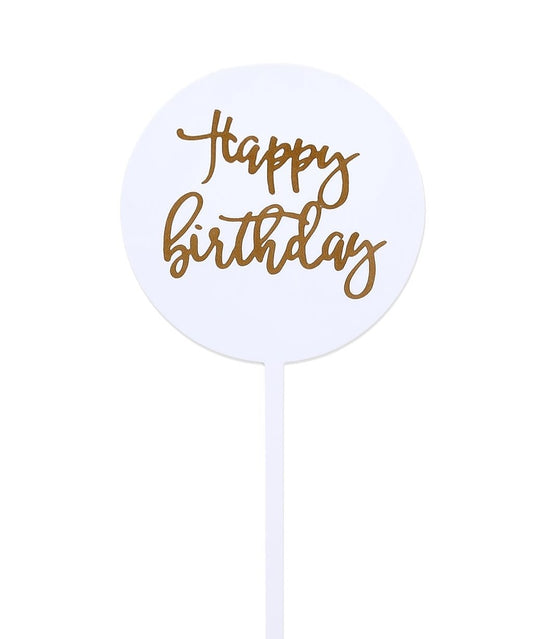 White plastic Happy Birthday cake topper with gold lettering