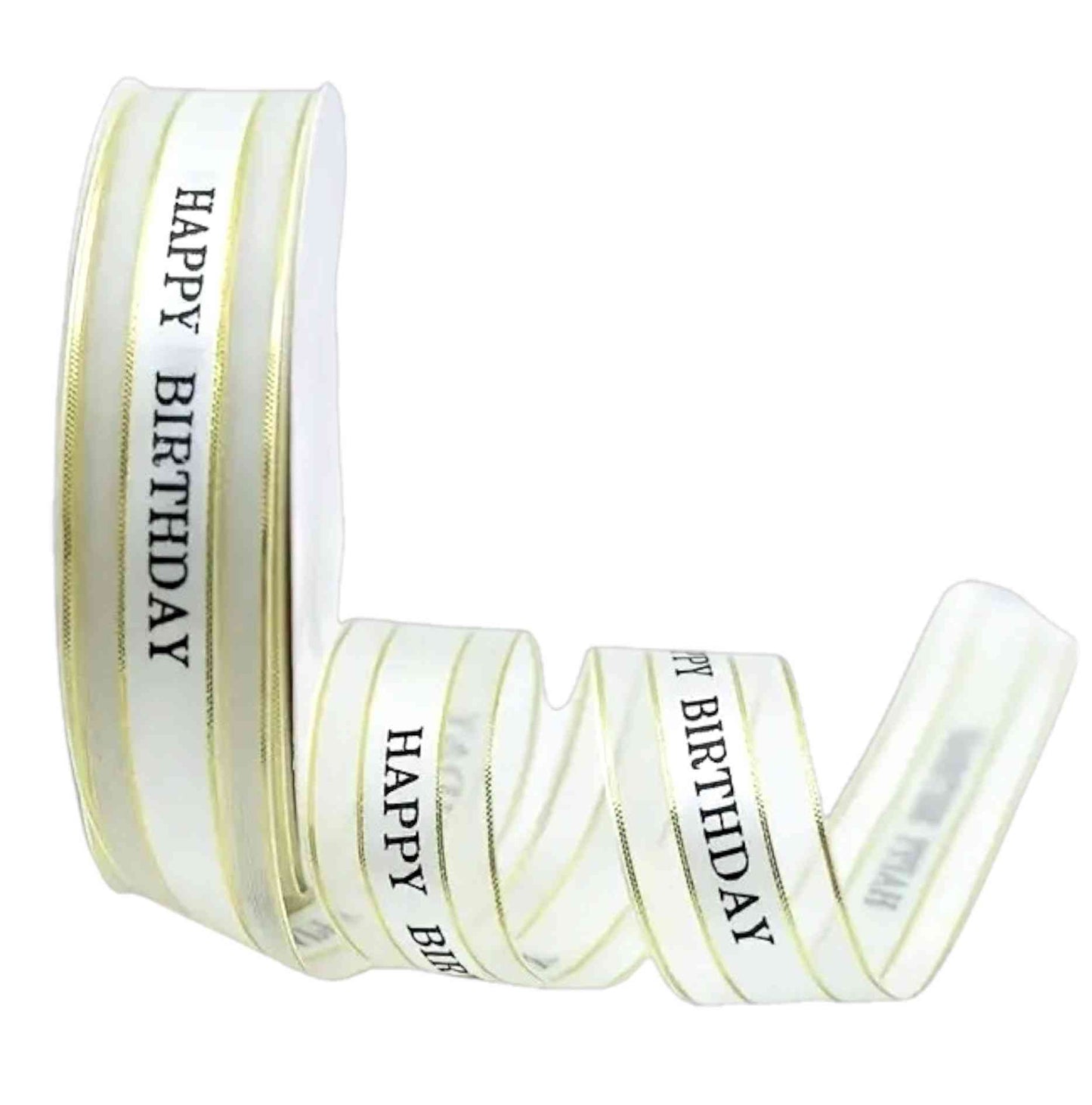 White mesh ribbon with gold edge and black Happy Birthday text – 2.5 cm wide, ideal for elegant cakes and gifts.