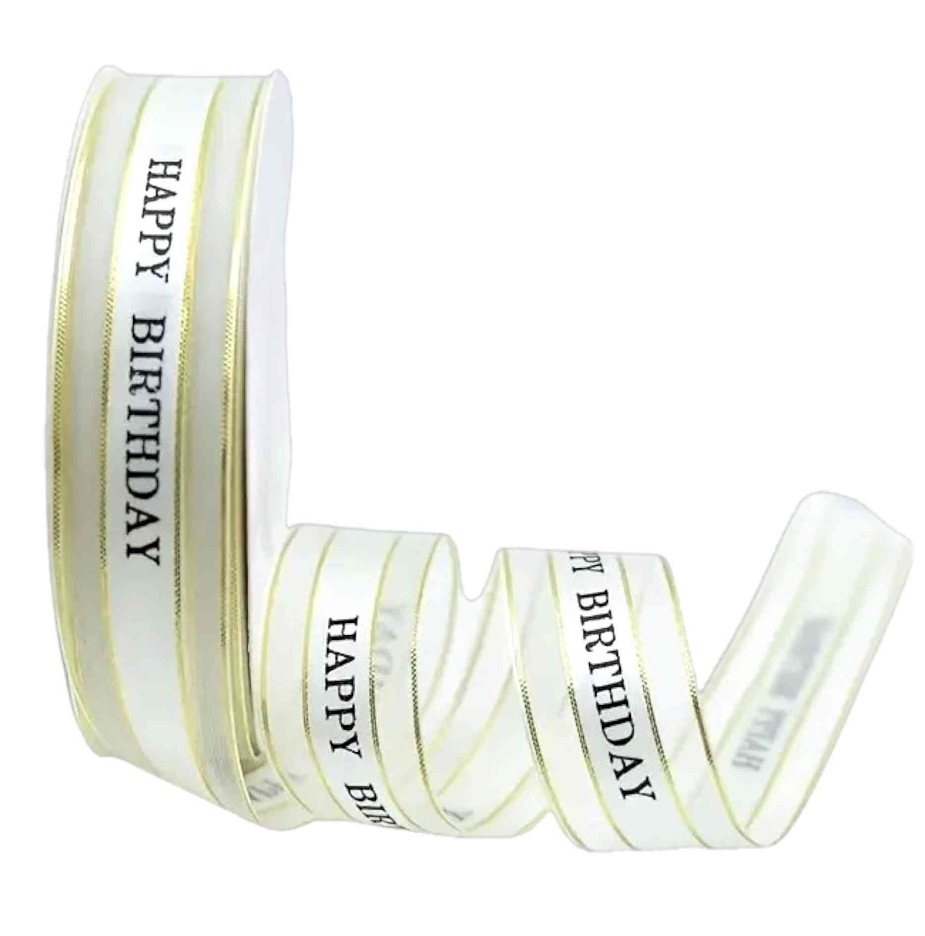 White mesh ribbon with gold edge and black Happy Birthday text – 2.5 cm wide, ideal for elegant cakes and gifts.