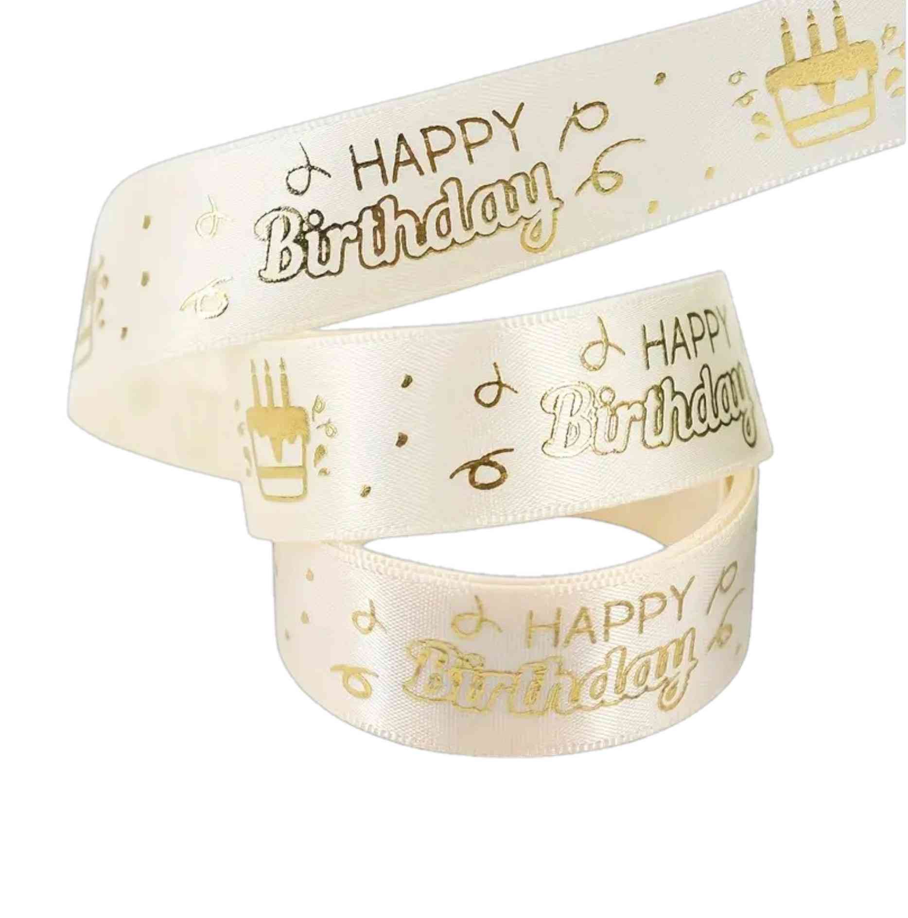 White satin ribbon with gold Happy Birthday print – 2 cm wide, perfect for cakes, gifts and party decoration.
