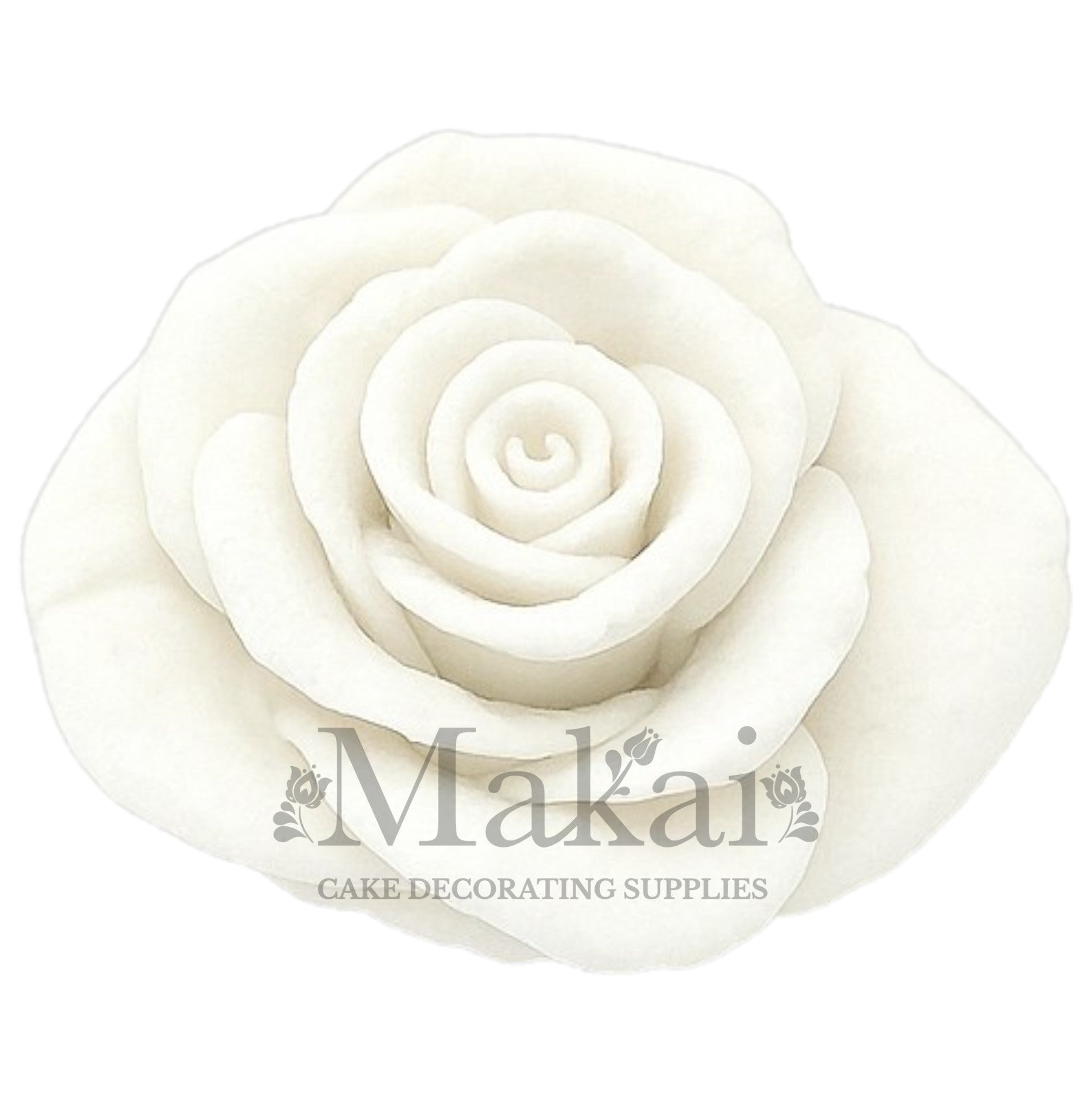 Large white fondant rose flower topper for wedding and anniversary cakes.