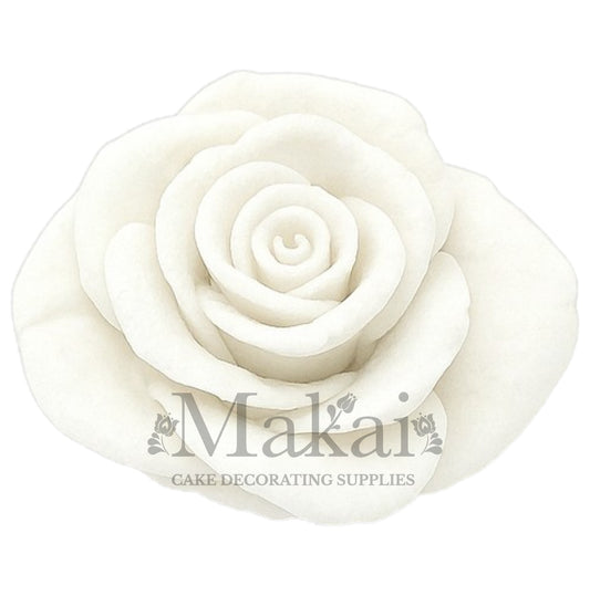 Large white fondant rose flower topper for wedding and anniversary cakes.