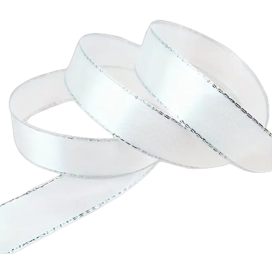 White satin ribbon with silver trim – 2.5 cm wide decorative ribbon for cakes and special occasions