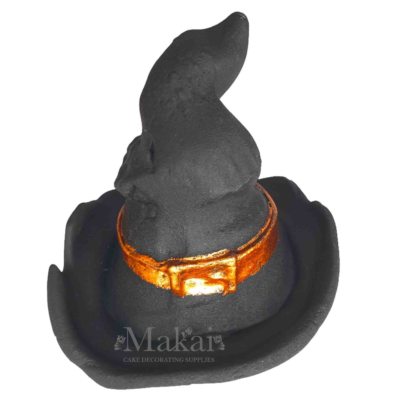 Handcrafted black fondant witch hat with gold buckle, rear angle – edible Halloween cake topper