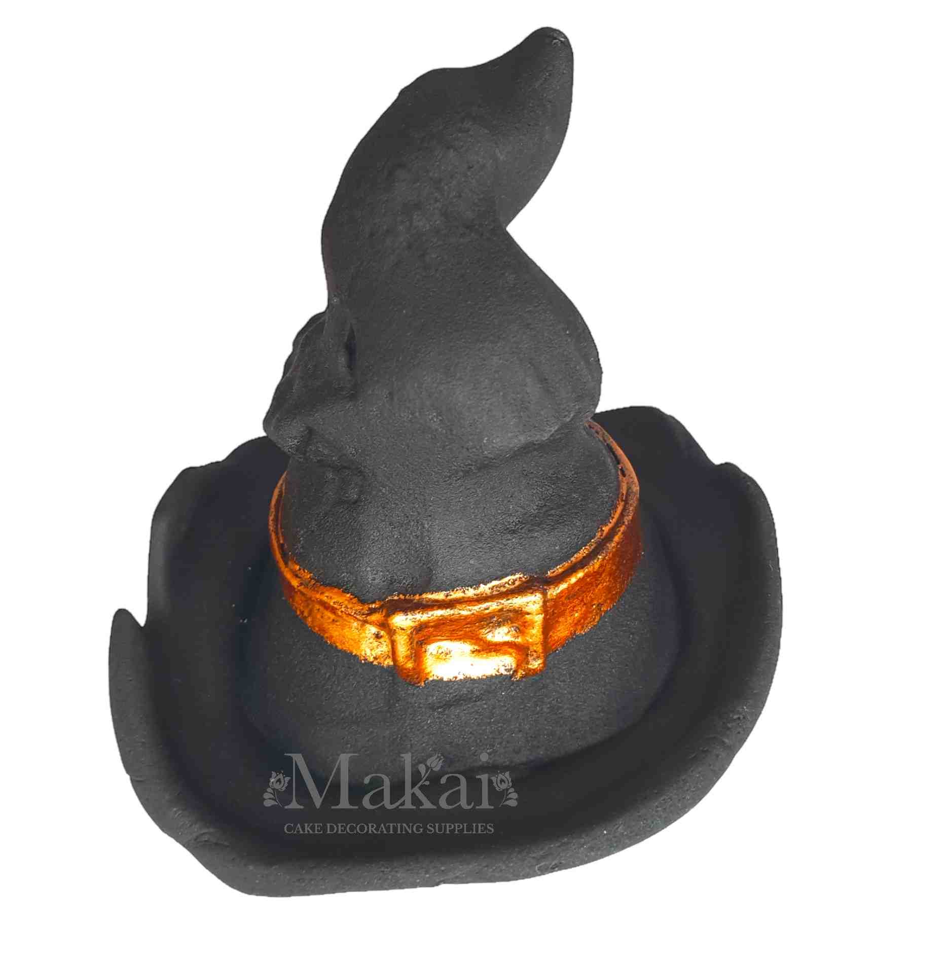 Handcrafted black fondant witch hat with gold buckle, rear angle – edible Halloween cake topper