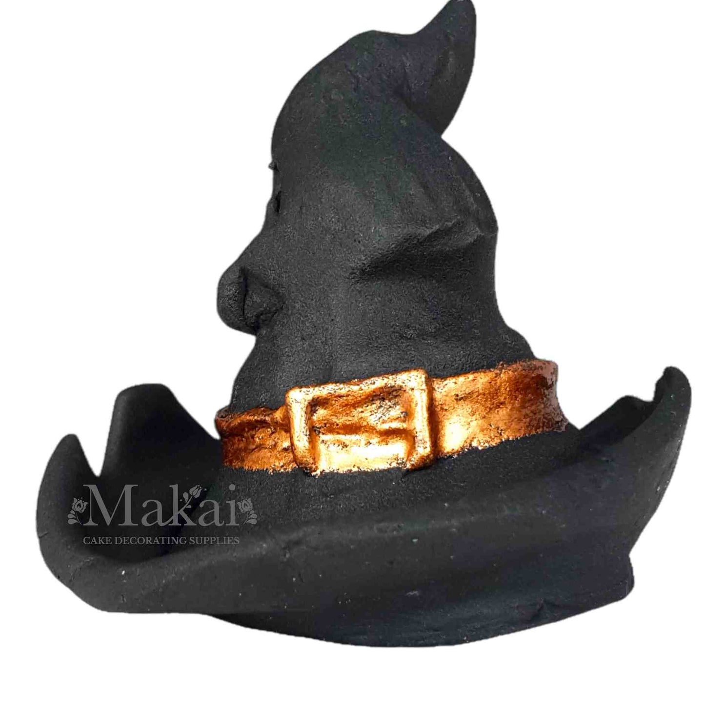 Black fondant witch hat cake topper with a gold buckle, side view – handmade Halloween cake decoration.