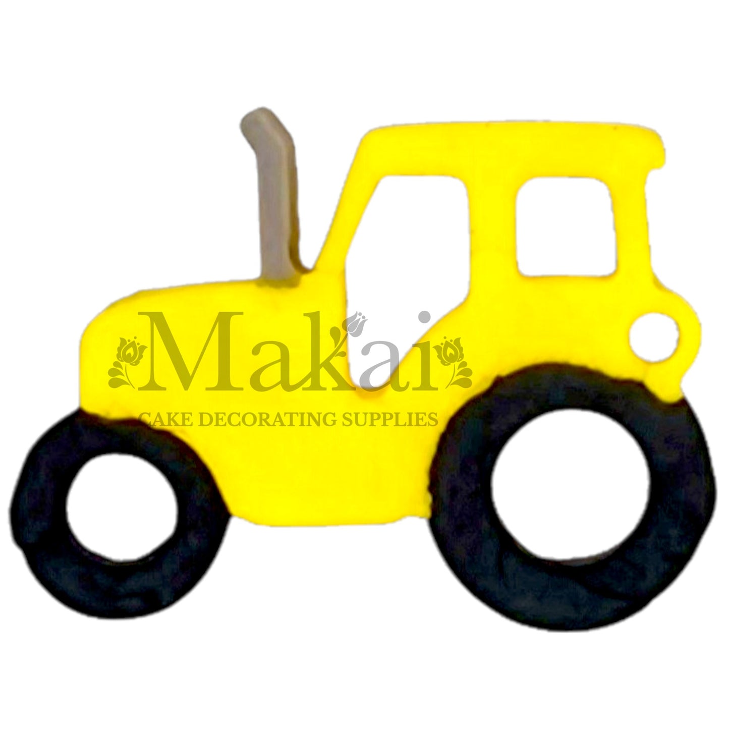 Edible yellow tractor cake topper with black wheels for farm‑themed cakes