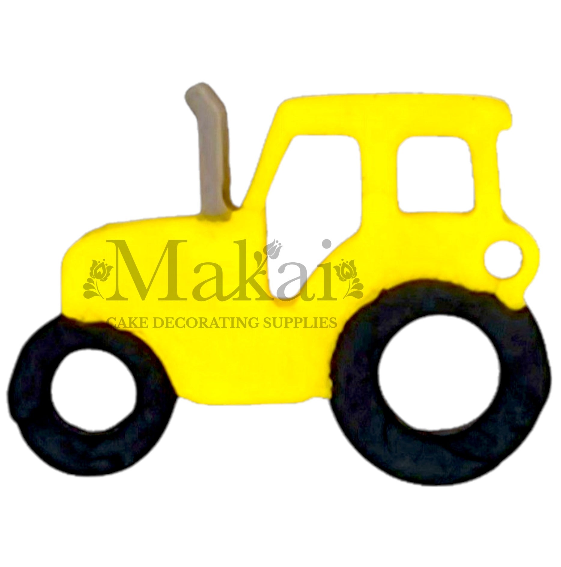 Edible yellow tractor cake topper with black wheels for farm‑themed cakes