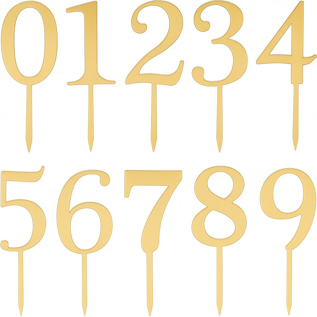 Gold mirror acrylic number cake toppers 0–9 with tall elegant font, each with pointed stick for easy cake insertion