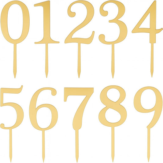 Gold mirror acrylic number cake toppers 0–9 with tall elegant font, each with pointed stick for easy cake insertion