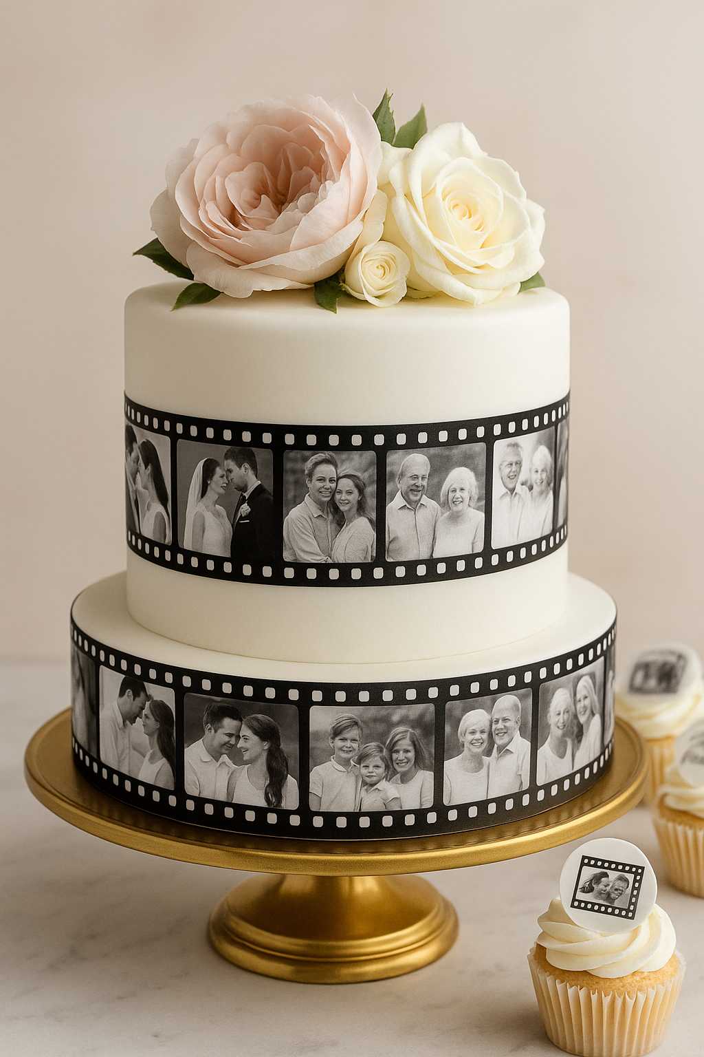 Elegant two-tier anniversary cake with white fondant, decorated with edible photo film strips and blush roses, displayed on a gold stand with matching cupcakes.