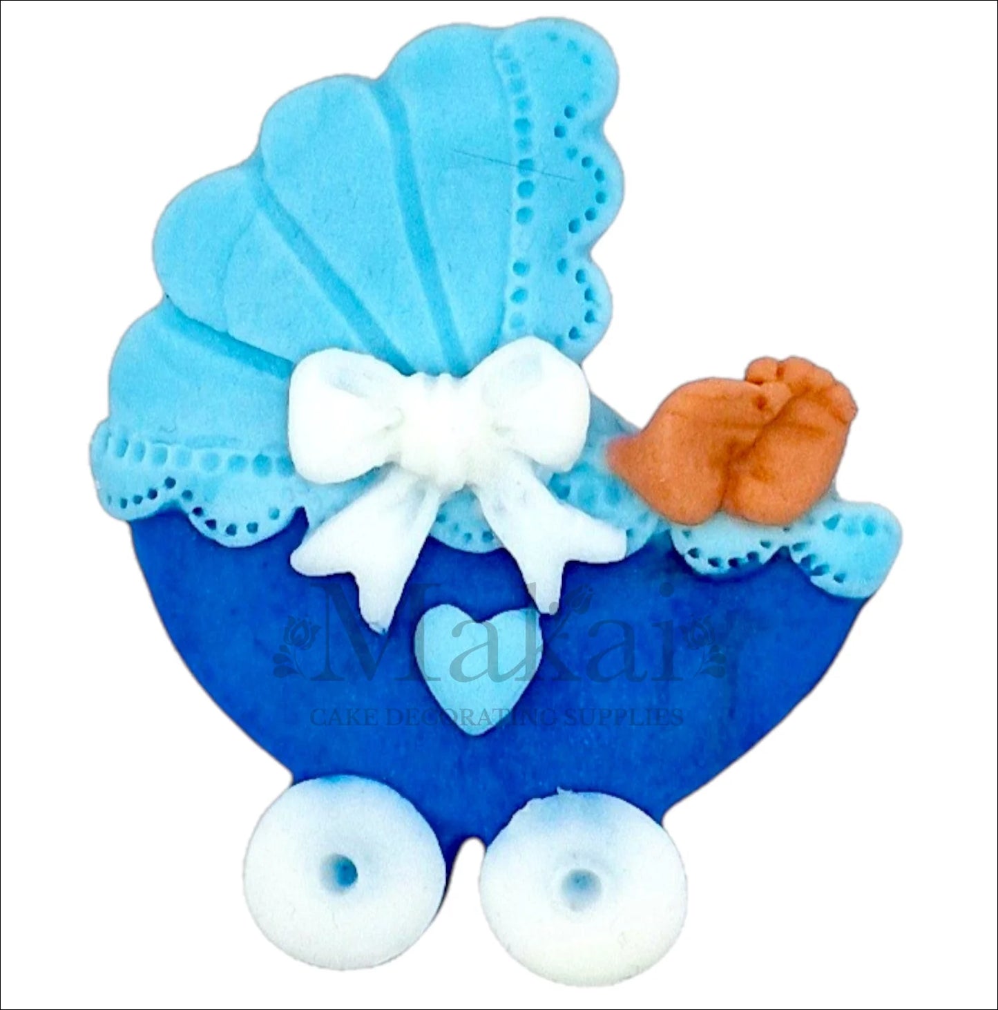 Edible blue pram cake topper with baby feet and lace canopy for baby‑boy shower or gender‑reveal cakes.