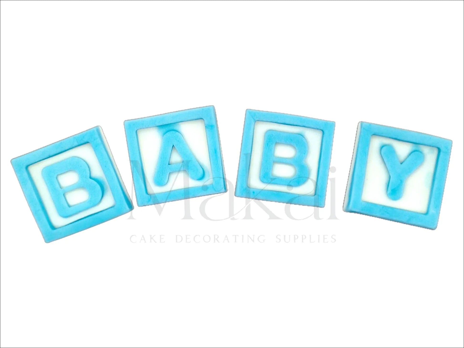 Blue fondant baby letter blocks spelling "BABY" – baby shower cake decoration.