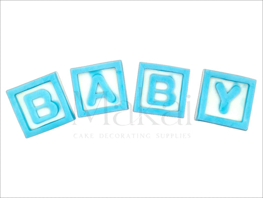 Blue fondant baby letter blocks spelling "BABY" – baby shower cake decoration.