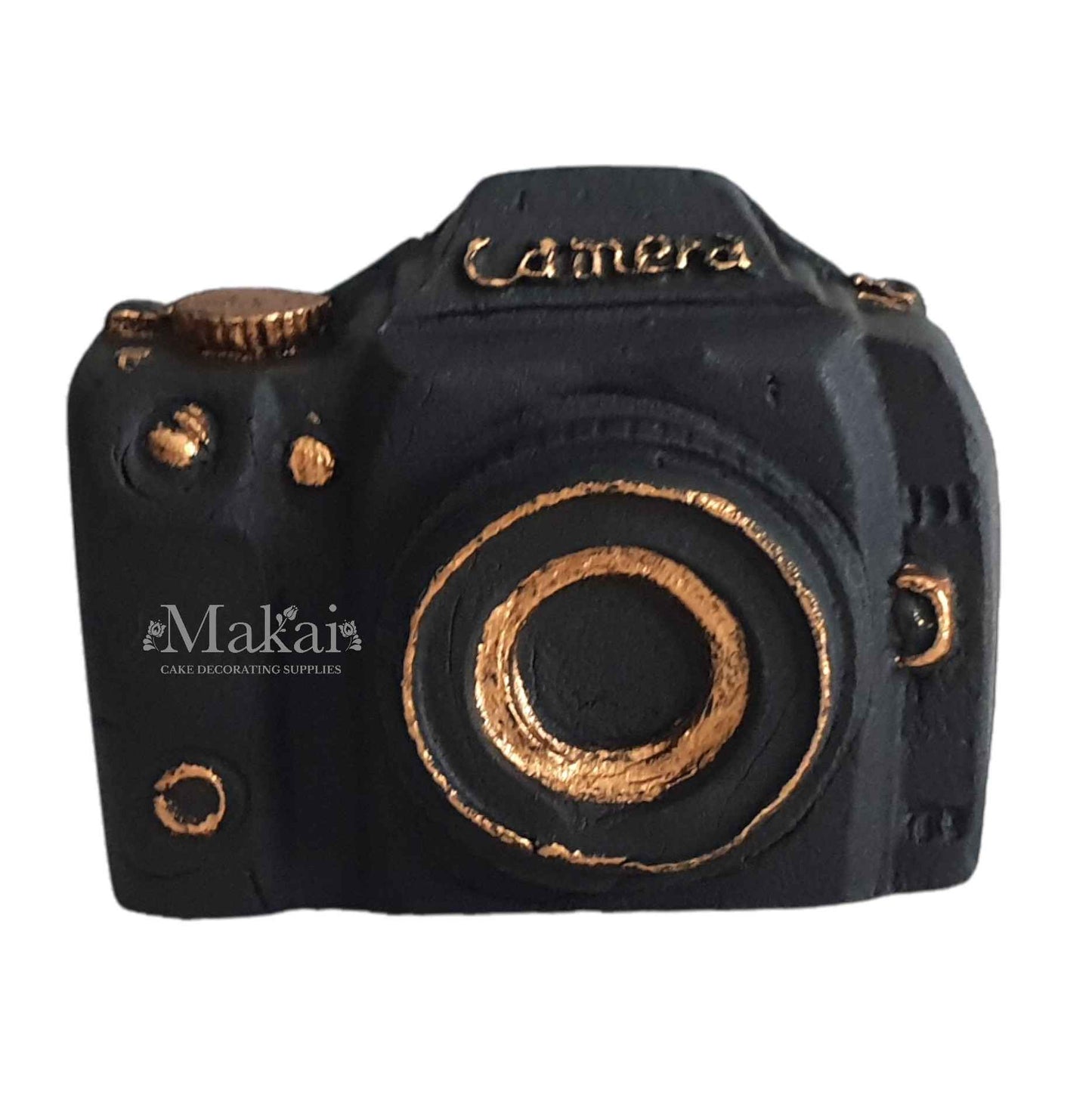 Black camera shaped fondant cake topper with gold details for photography themed cakes