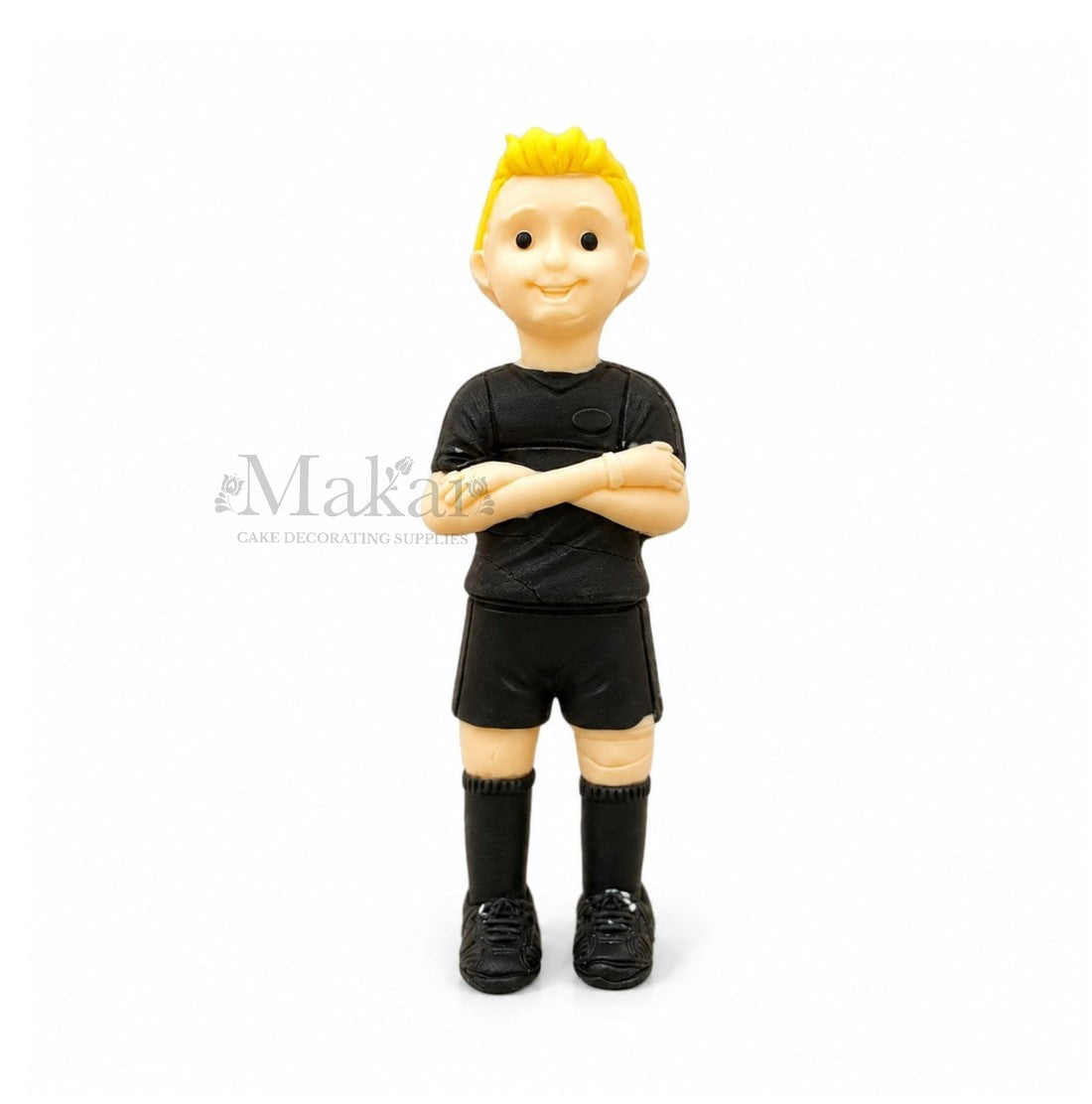Personalized football player figurine with custom colours for hair, shirt, shorts, shoes, and socks.