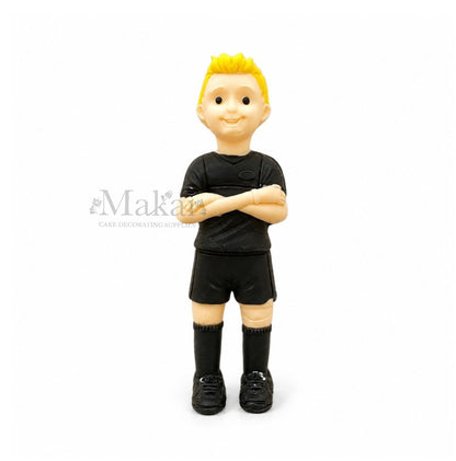 Personalized football player figurine with custom colours for hair, shirt, shorts, shoes, and socks.