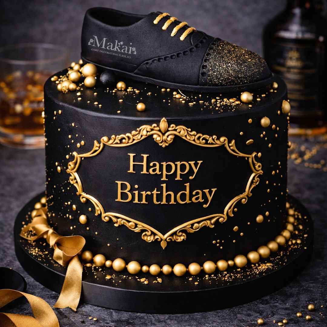 Elegant black birthday cake decorated with a gentleman shoe cake topper, styled for a sophisticated celebration