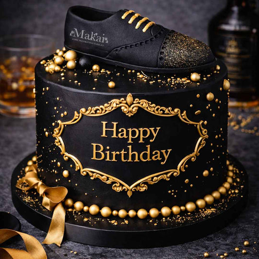 Elegant black birthday cake decorated with a gentleman shoe cake topper, styled for a sophisticated celebration