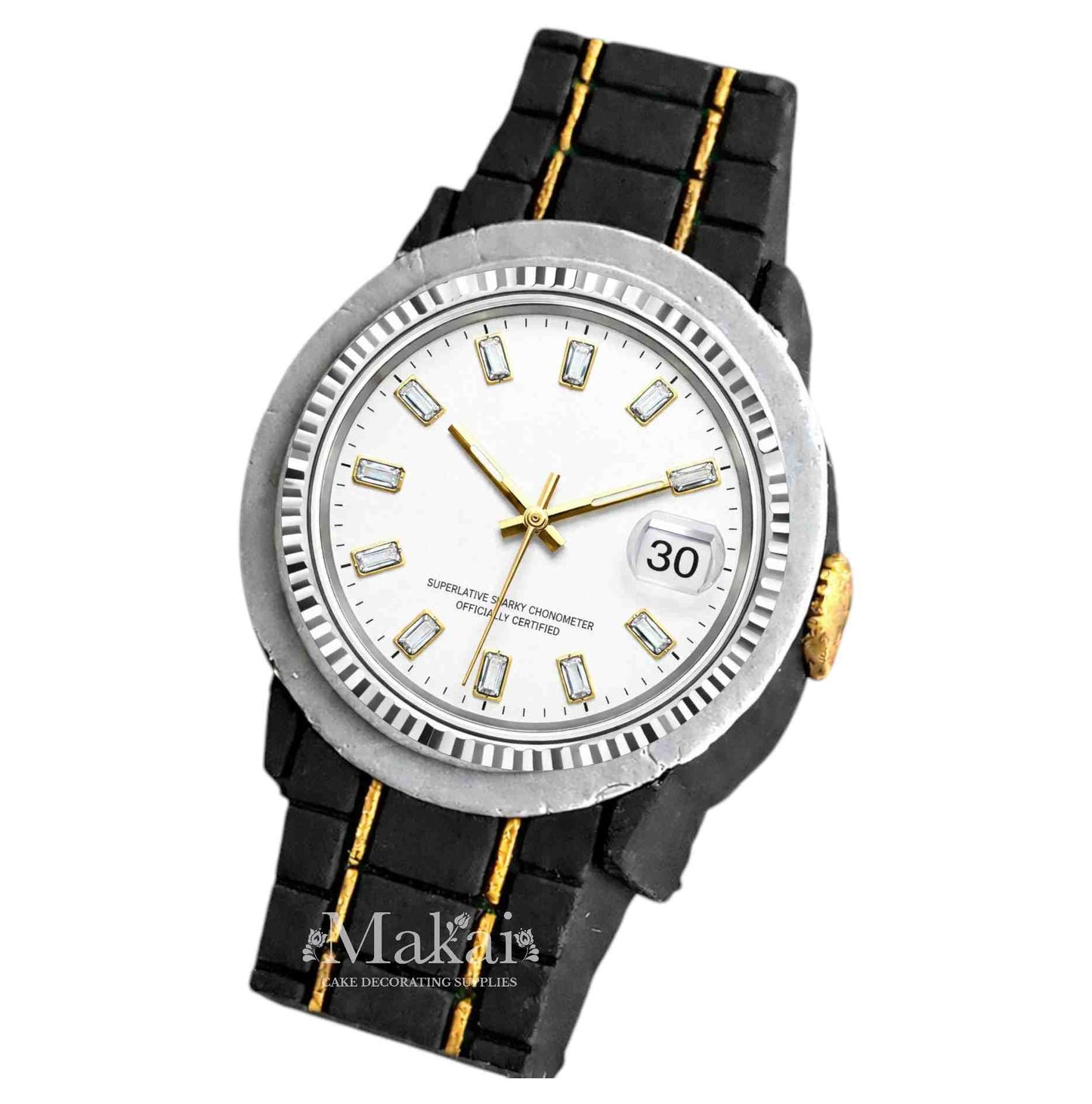Black gentleman watch cake topper with gold details and silver watch face