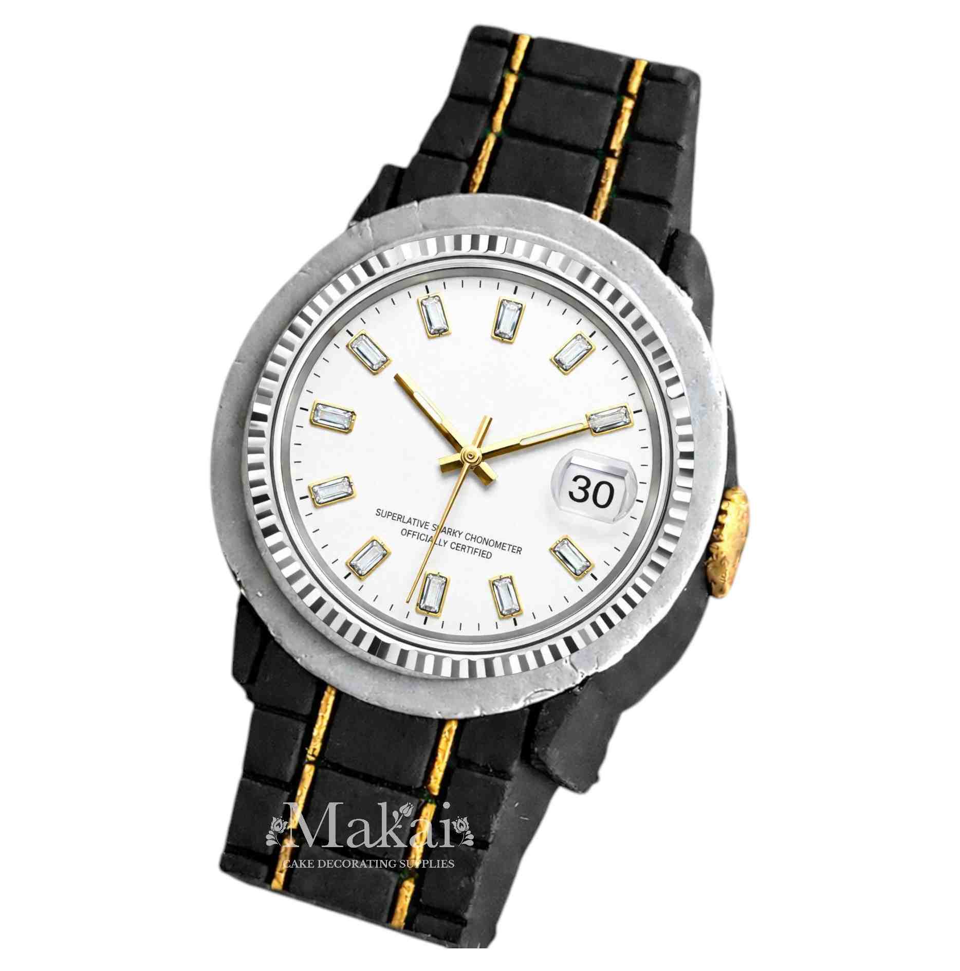 Black gentleman watch cake topper with gold details and silver watch face