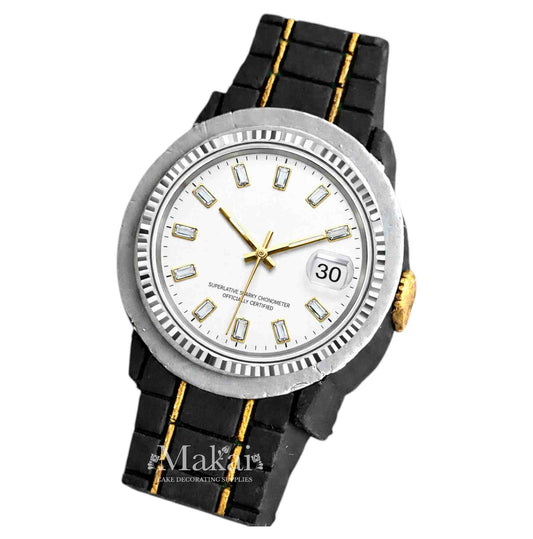 Black gentleman watch cake topper with gold details and silver watch face