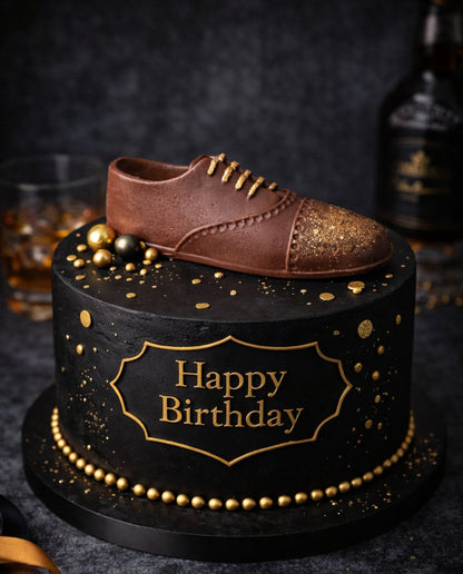 Black birthday cake with a brown shoe on top for man, featuring 'Happy Birthday' text.