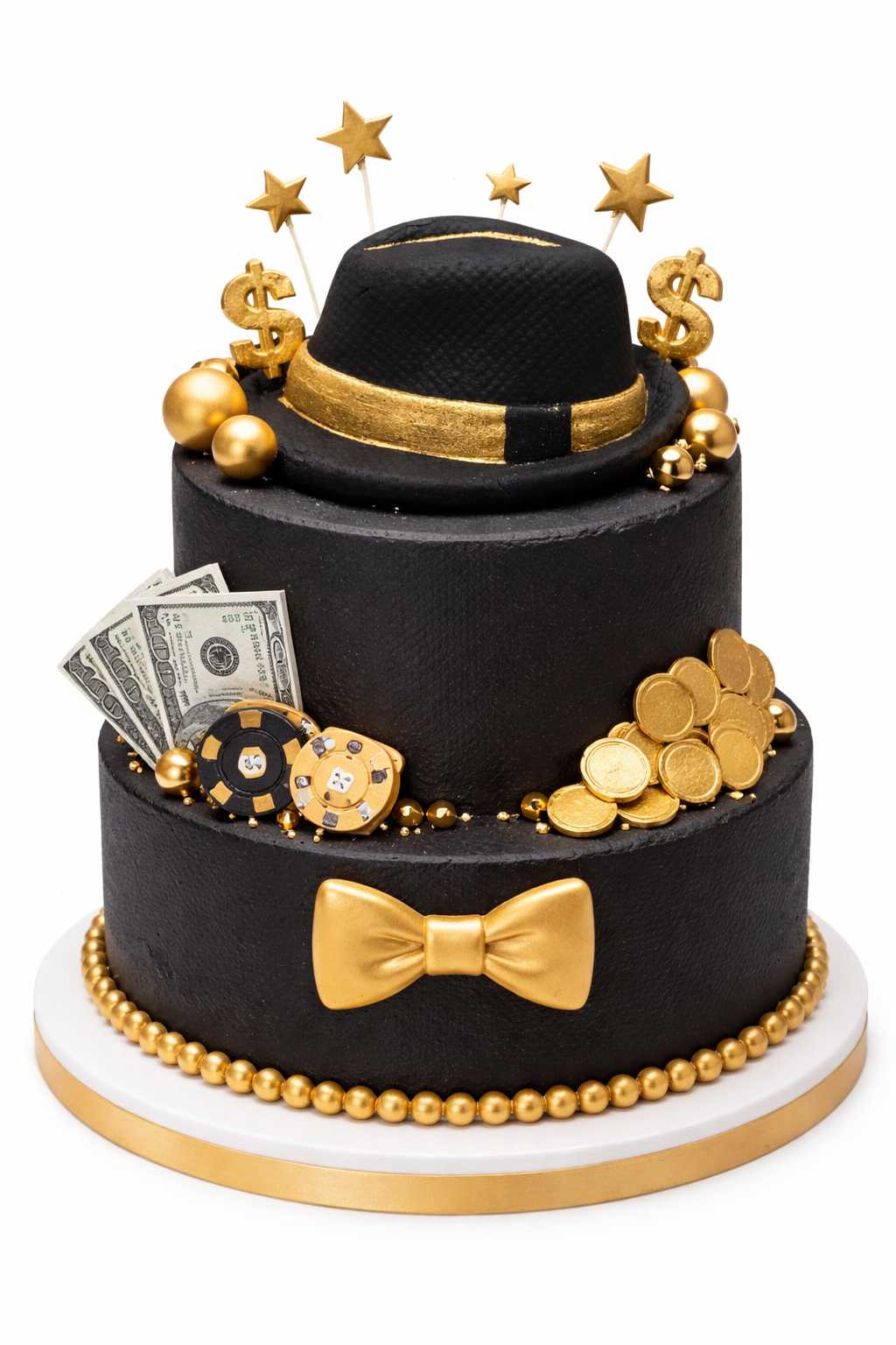 Black and gold gentleman style cake with fondant hat decoration on top, elegant luxury cake design