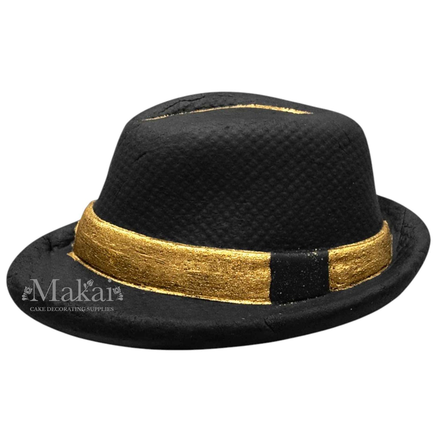 Black and gold gentleman hat cake topper made from fondant, elegant vintage style cake decoration