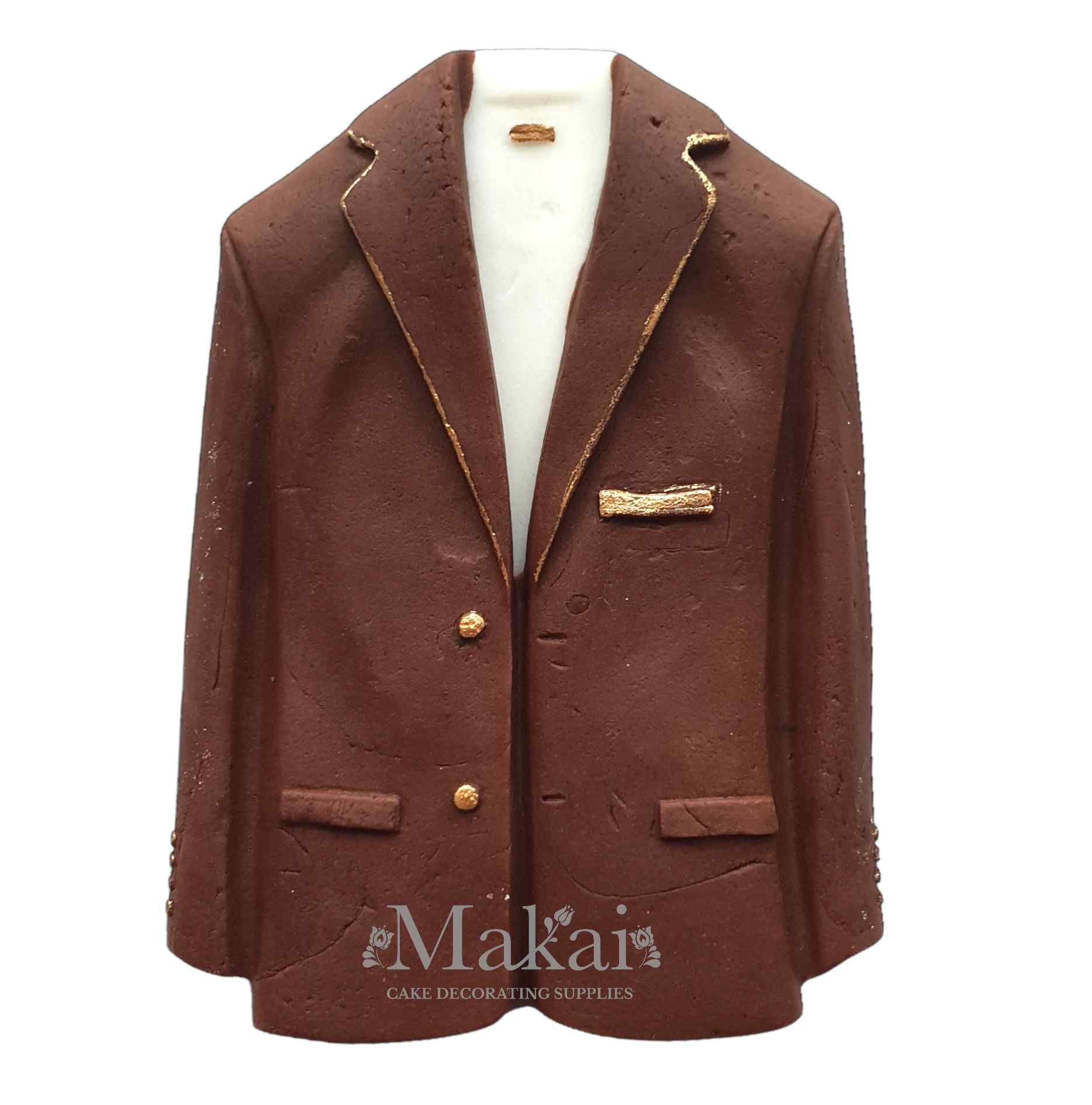 Gentleman suit jacket cake topper with gold details, elegant fondant decoration for men’s cakes
