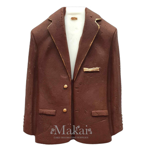 Gentleman suit jacket cake topper with gold details, elegant fondant decoration for men’s cakes