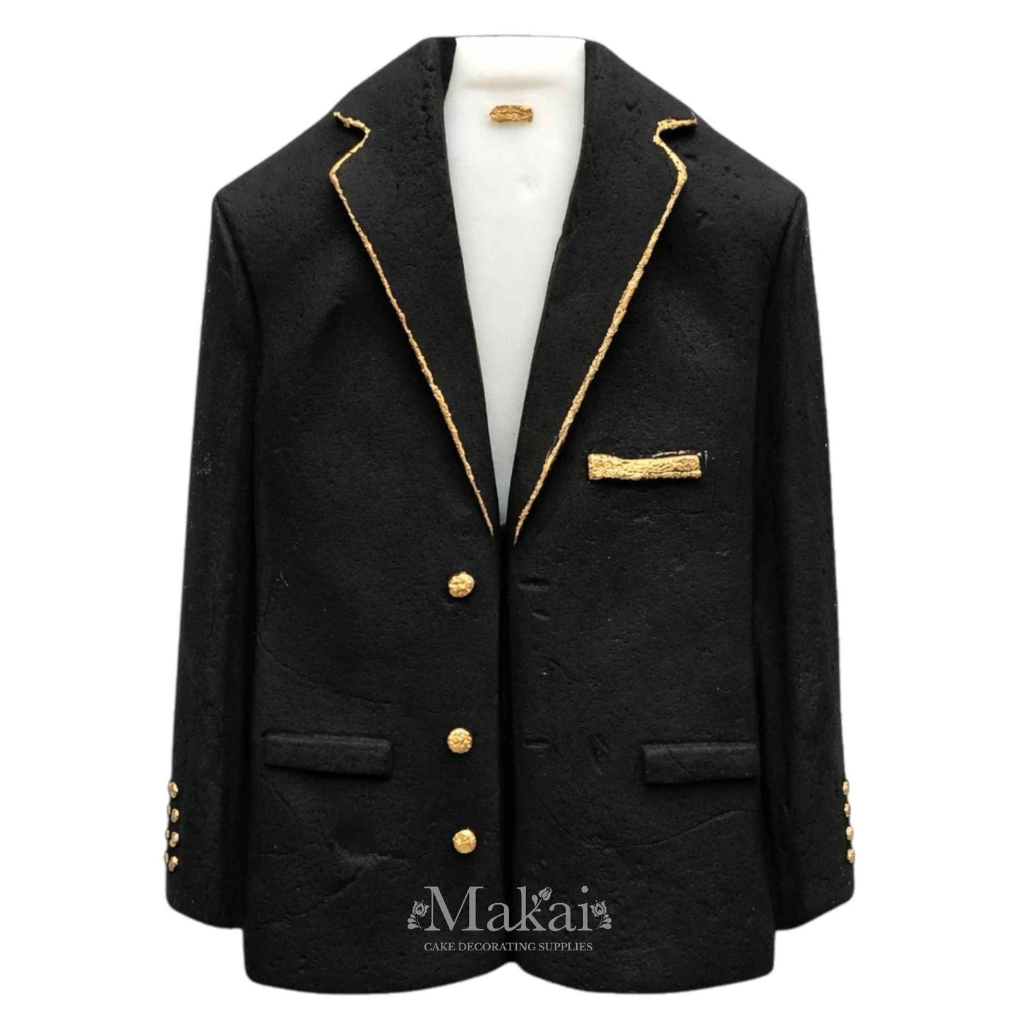 Handcrafted black suit jacket cake topper with gold details for elegant celebration cakes.