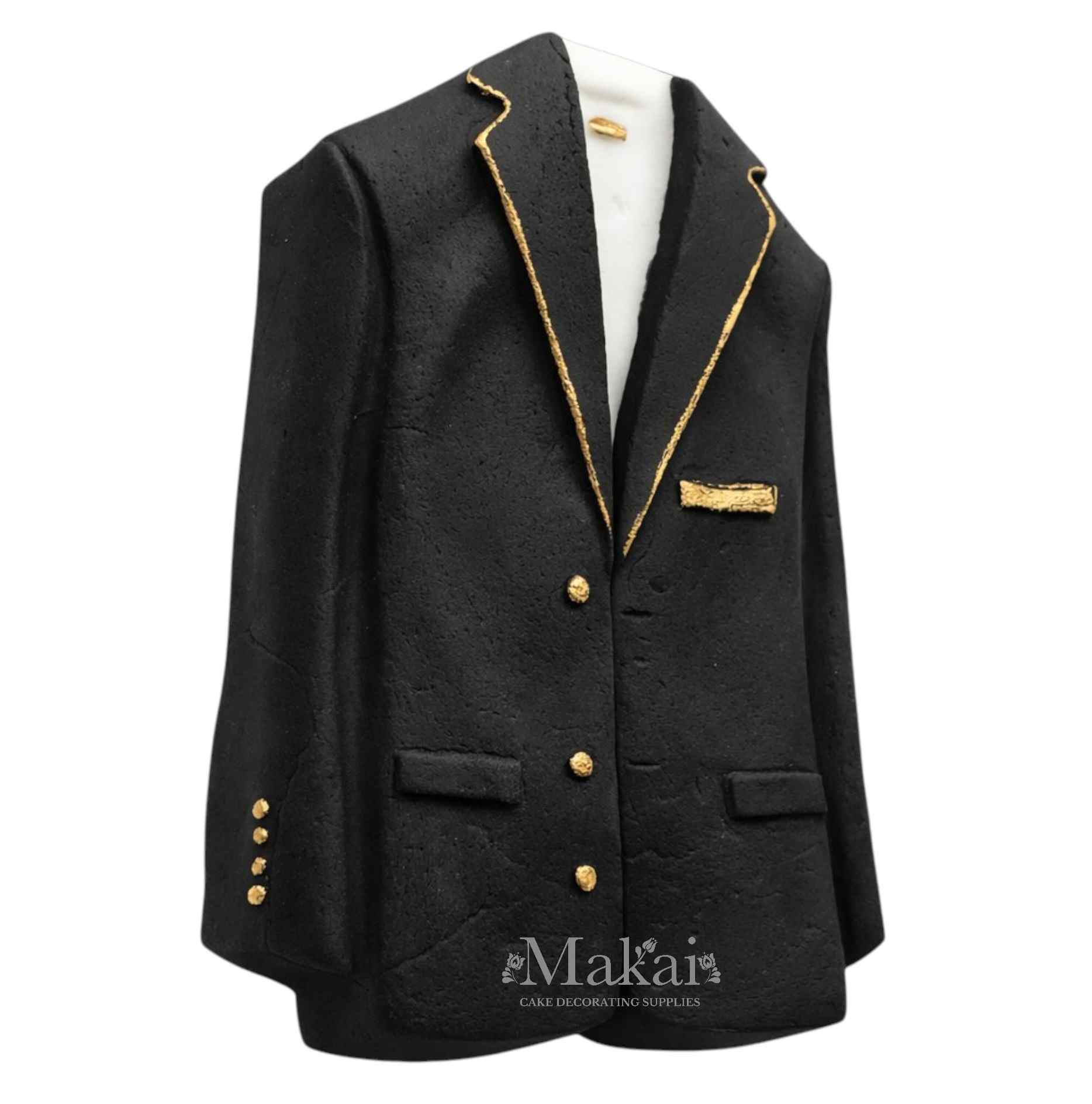 Black gentleman suit jacket cake topper with gold details, elegant fondant decoration