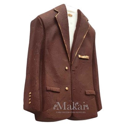 Gentleman suit jacket cake topper with gold details, elegant fondant decoration for men’s cakes