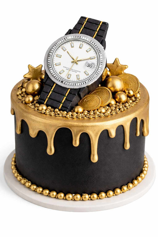 Black and gold gentleman style cake with luxury watch cake topper, elegant birthday cake design