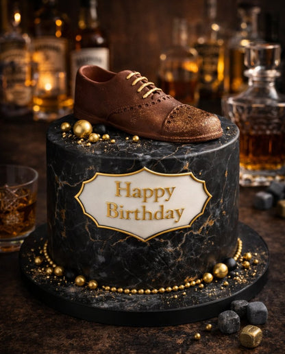 Birthday cake with a shoe on top for real gentleman, surrounded by bottles and glasses.