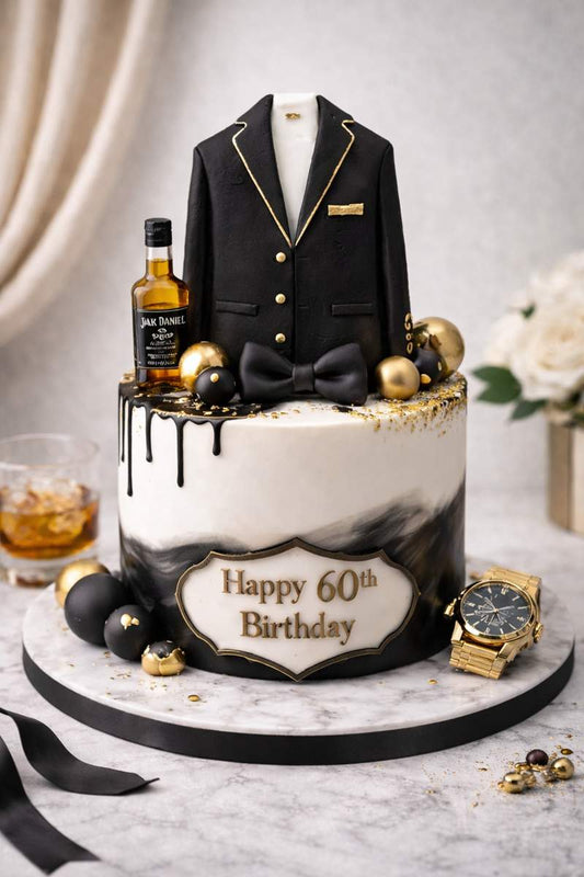 Black suit gentleman cake topper on masculine themed celebration cake with gold details