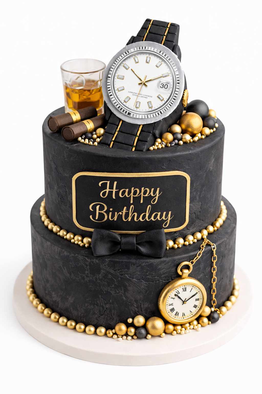 Black two tier gentleman style birthday cake with luxury watch topper, bold and masculine cake design