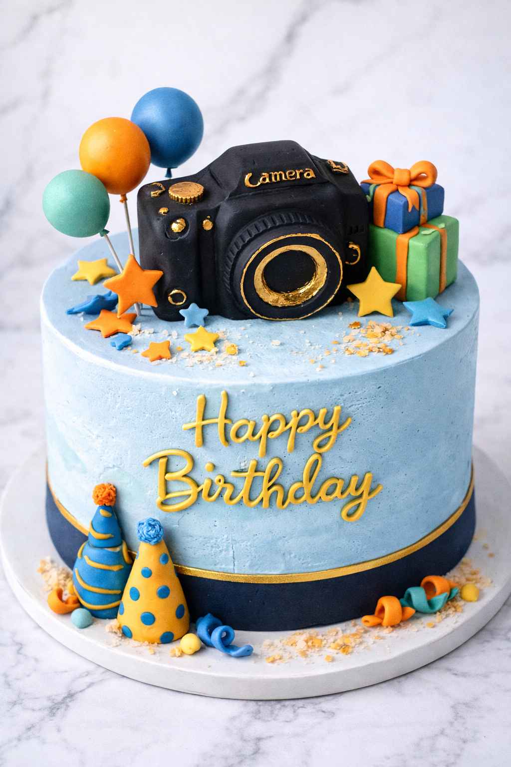 Blue birthday cake with black camera topper and colourful party decorations