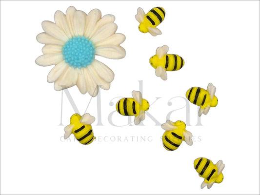 White flower with blue centre and 7 bees – edible cake topper for garden or spring theme
