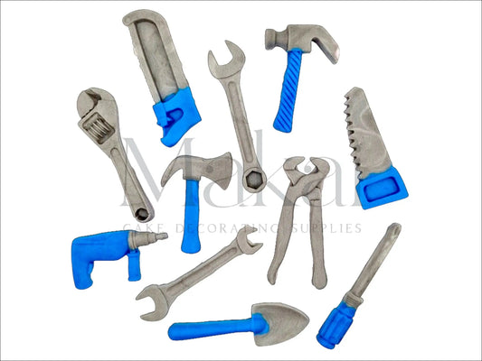  Blue fondant tool set with various hand tools for cake decoration – hammer, wrench, saw, drill, and more.