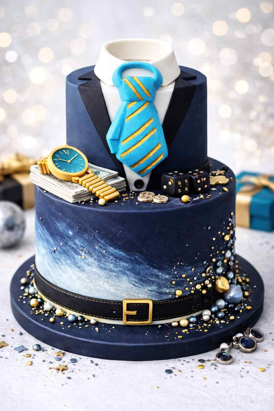 Two-tiered gentleman style cake decorated like a suit with tie, watch, money, and belt against a blurred gift box and light background. Elegant masculine birthday cake design.