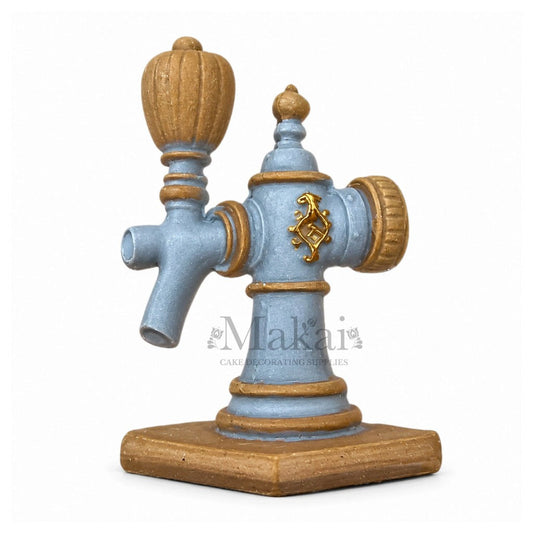 Handmade vintage blue-grey beer tap fondant cake decoration with gold detailing and flat back for beer-themed birthday cakes.