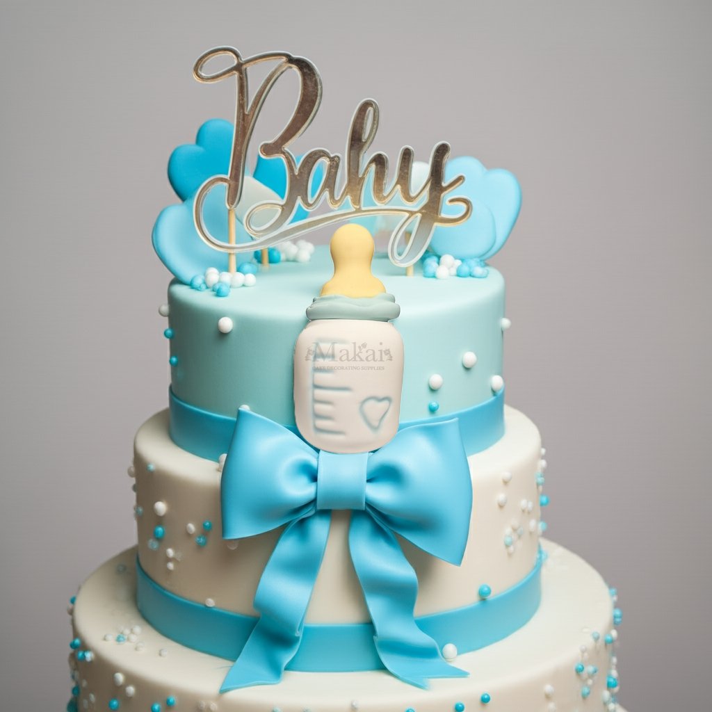 Blue and white baby shower cake decorated with fondant baby bottle topper, satin-style bow, and pastel blue sugar pearls.