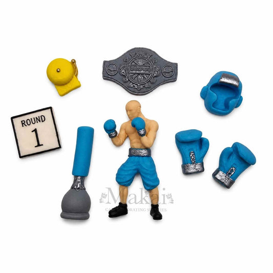Blue boxing fondant cake decoration set with boxer figure, gloves, helmet and championship belt