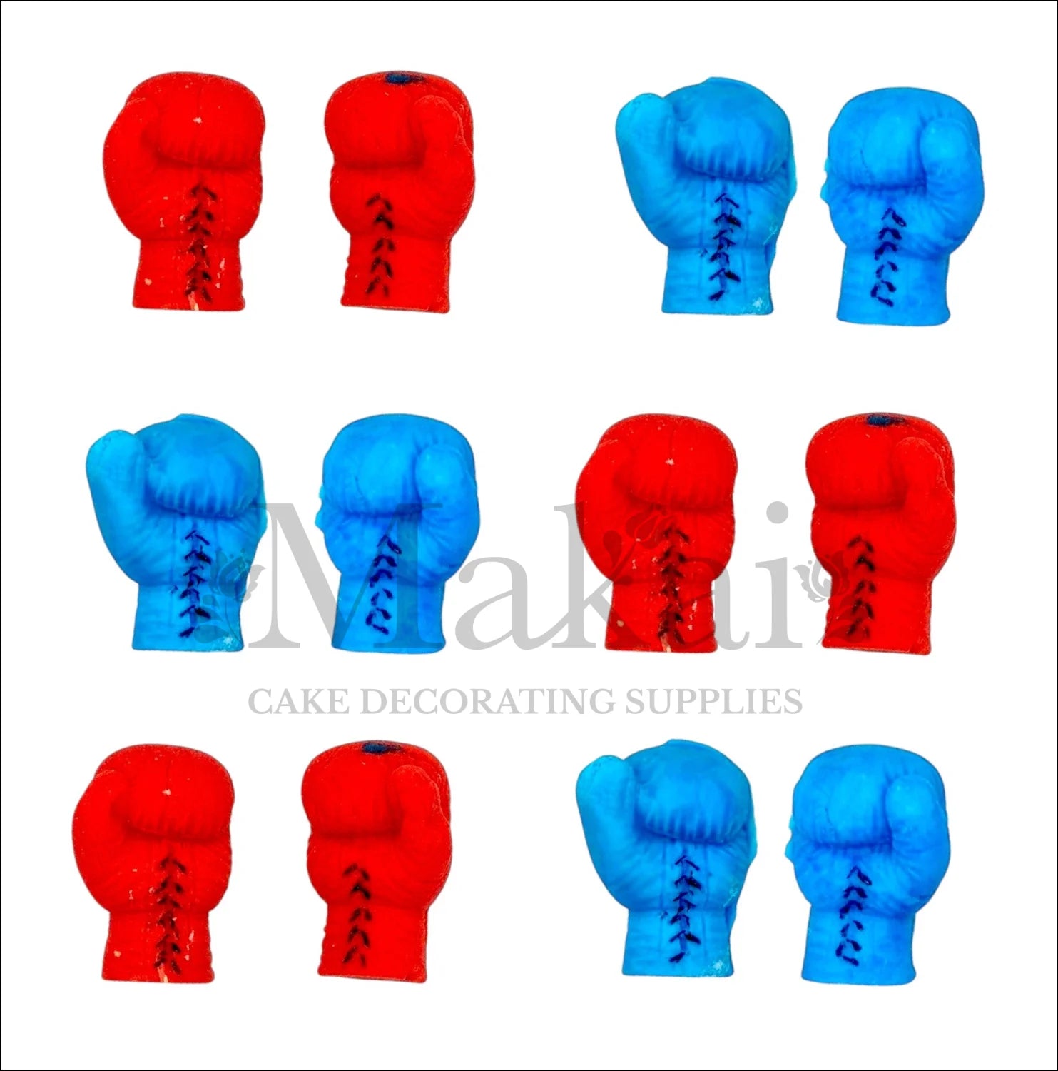 Edible red and blue boxing glove cake toppers in pairs, ideal for sports and gym themes.