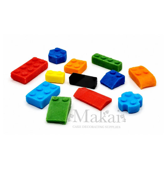 Colourful construction brick fondant cake decorations edible party set